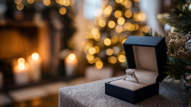 Open jewelry gift box with expensive fancy diamond engagement ring inside closeup romantic Christmas tree lights elegant interior party background fireplace ornaments wealth luxury gift love romance