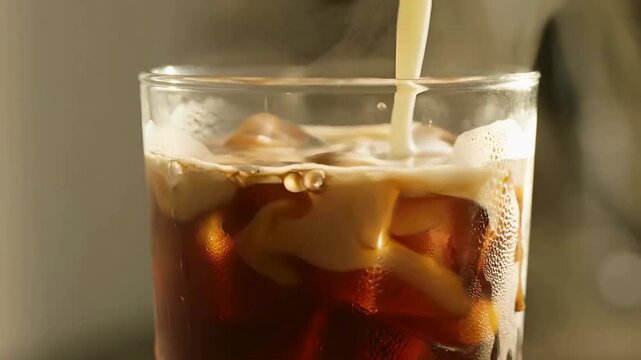 Slow motion of cream pouring into cold brew iced coffee with condensation