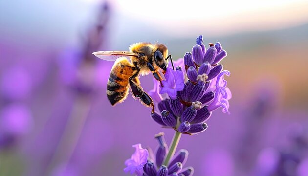Close up of a fuzzy honey bee collecting nectar from vibrant purple lavender flowers in a sunlit field during golden hour with soft bokeh background - Powered by Adobe