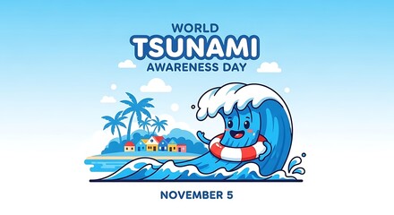 Vector illustration of a cute cartoon tsunami wave character with a life preserver for an awareness campaign