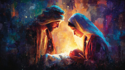 A vibrant, traditional oil painting illustration of nativity scene with Mary Joseph baby Jesus beautiful radiant colors with copy space ideal for artistic religious Christmas card holiday background