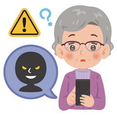 スマートフォンによる犯罪とシニア女性　上半身イラスト／Senior Woman with Smartphone, Criminal Silhouette in Speech Bubble, and Warning Sign