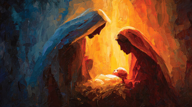 A vibrant, traditional oil painting illustration of nativity scene with Mary Joseph baby Jesus beautiful radiant colors with copy space ideal for artistic religious Christmas card holiday background