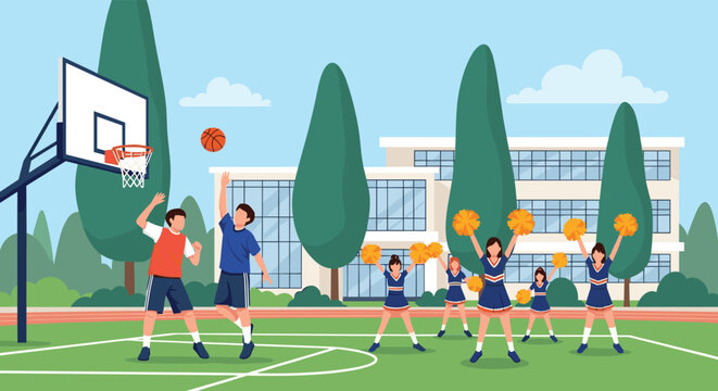 Students play basketball and cheerleaders perform in front of a school building.