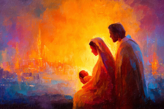 A vibrant, traditional oil painting illustration of nativity scene with Mary Joseph baby Jesus beautiful radiant colors with copy space ideal for artistic religious Christmas card holiday background