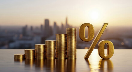 Golden coin stacks increasing beside large gold percentage sign on reflective table at sunrise suggesting financial growth and interest rate rise