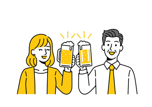 Cheers happy people clinking beer mugs celebration toasting drinks fun - Flat Vector Illustration. Colored vector illustration