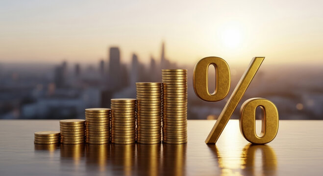 Golden coin stacks increasing beside large gold percentage sign on reflective table at sunrise suggesting financial growth and interest rate rise