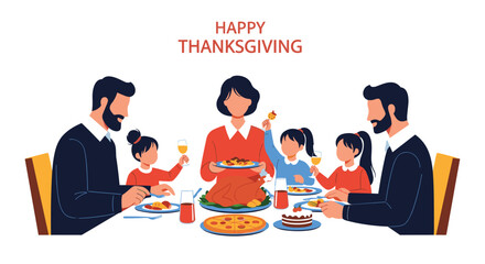 Happy Thanksgiving illustration of a diverse family gathered around a dinner table with a turkey and festive food.