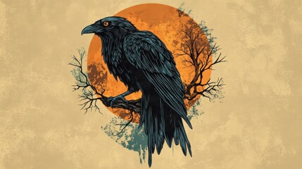 Obraz premium Raven perched, sunset backdrop