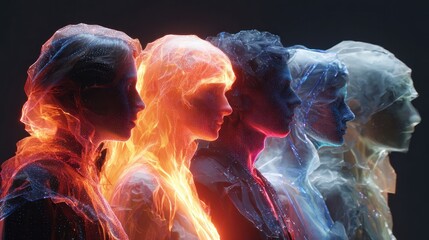 Abstract artwork showing a series of human faces with glowing colorful effects
