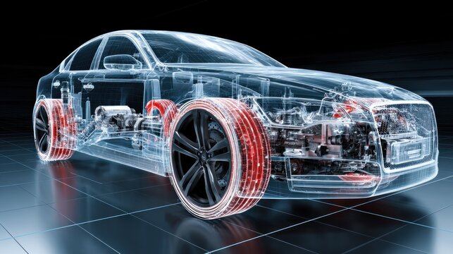 A transparent car with a glowing blue and red light inside, viewed from the side.