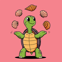 Cute cartoon turtle juggling seashells and conch shells against a solid pink background.