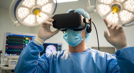 Surgeon wearing virtual reality headset in operating room