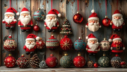 Fototapeta premium Festive Christmas Ornaments and Santa Claus Decorations Hanging on a Rustic Wooden Wall Display