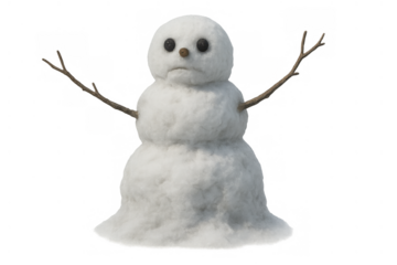 Snowman with a sad face melting, experiencing the end of winter, losing shape on transparent background