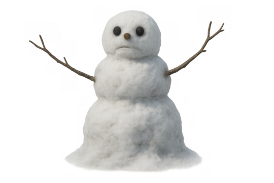 Snowman with a sad face melting, experiencing the end of winter, losing shape on transparent background
