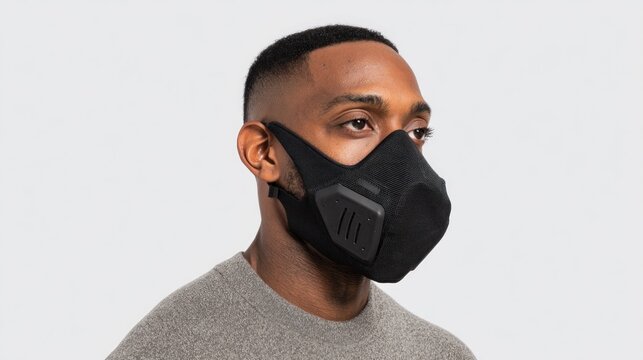 A man wearing a black face mask with a black strap and a black nose bridge.