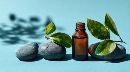 Natural Herbal Essential Oil Bottle with Green Leaves and Smooth Stones on Blue Background
