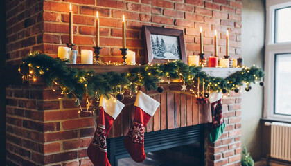 Naklejka premium Cozy Christmas Fireplace – Pine Garland & Stockings, Warm Background