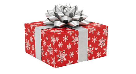 Red Christmas Gift Box with Silver Ribbon and Snowflake Wrapping

