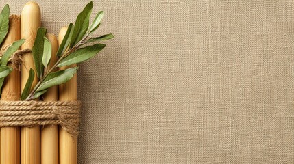 Natural Green Olive Branches and Bamboo Sticks in Rope Basket on Neutral Textured Background