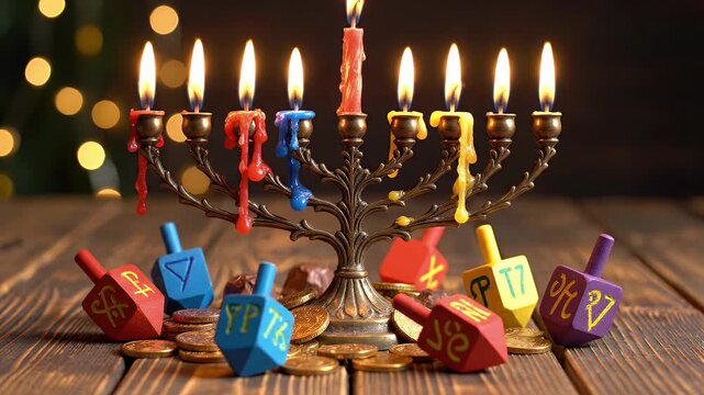 Lit Menorah Candles and Colorful Dreidels on Wooden Surface Holiday Celebration