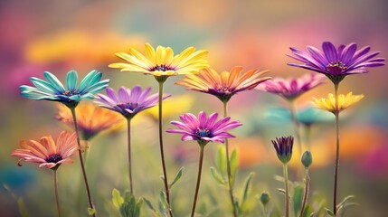 A vibrant display of colorful daisies in a field with a soft, blurred background.