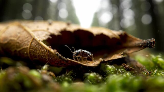 Tiny World - Pill Bug Sheltering Under a Leaf in the Forest.