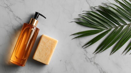 Natural Skincare Soap and Lotion Bottle with Green Palm Leaf on Marble Surface