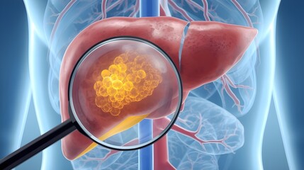Medical illustration of a liver with cancer tumor cells magnified for education