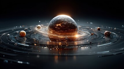 Stunning artistic view of the universe, planet with futuristic lights and planets around