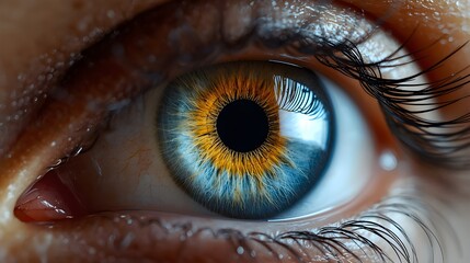 A detailed closeup of a human eye with intricate patterns and reflections
