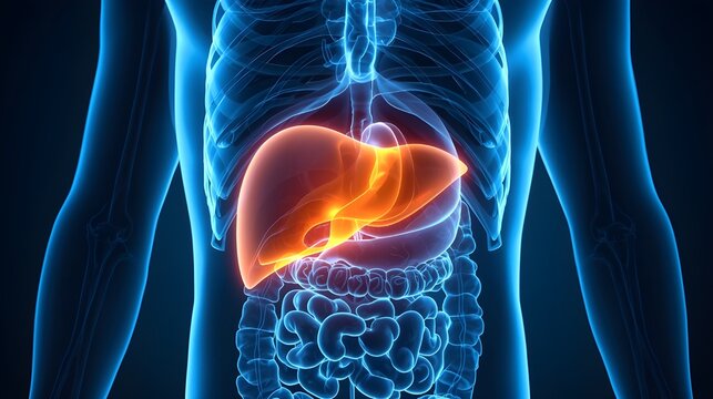 Anatomy of human body with liver highlighted in red color, organ system, internal organs, health, science, anatomical model, medical illustration, diagram of body