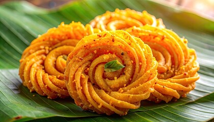 Traditional Malaysian Chakli Snack A Crispy Golden Spiral Treat Served on a Vibrant Green Banana Leaf with a Hint of Spice and Garnish