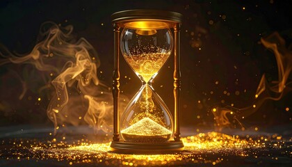 Golden Hourglass Filled With Sparkling Sand And Golden Dust Particles Floating In Warm Dramatic Lighting Over Dark Moody Background