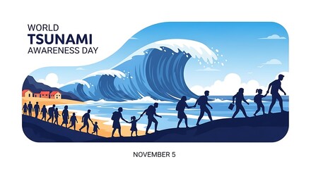 Vector illustration of a community evacuating a powerful tsunami wave, highlighting disaster preparedness and safety