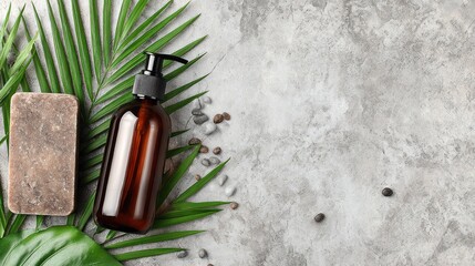Natural Skincare Soap Bottle with Leaf and Peppercorns on Stone Surface