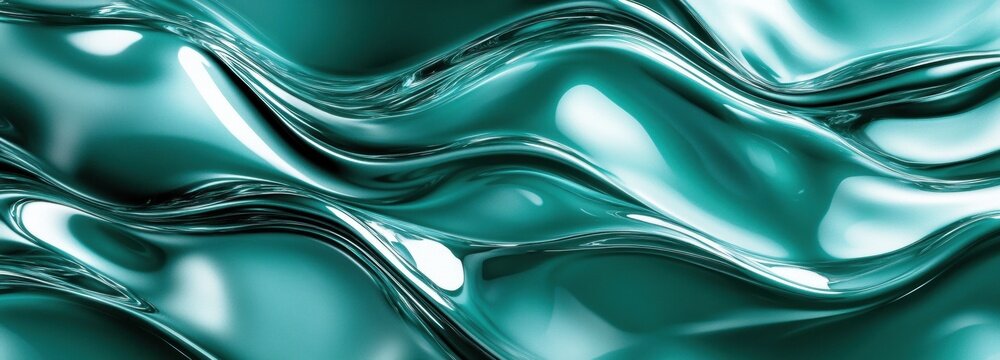 Emerald green liquid flows in rippling chrome waves with high-gloss metallic finish under soft lighting