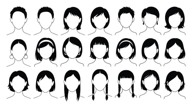 Female hairstyles and head shapes silhouette vector set , presented in black and white, Hand drawn black and white hairstyles and faces for women and girls collection, line-art illustrations