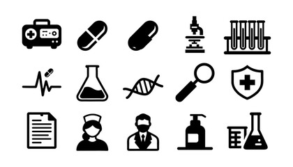 Medical and Healthcare Icon Set in Black Silhouette Style