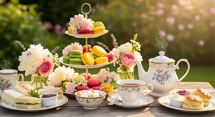 Fototapeta premium Tea Party Treats Macarons, Scones, and Sandwiches in a Sunny Garden Setting