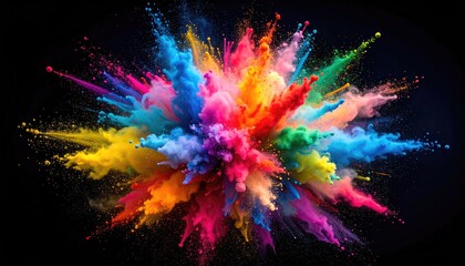 Vibrant Colorful Powder Explosion Against A Black Background With Many Small Particles