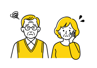 Elderly couple expressing worry and concern with hand gestures and sad expressions - Flat Vector Illustration. Colored vector illustration