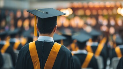 A student in a graduation gown stands in front of a crowd of graduates in caps and gowns.