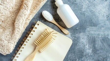 Natural Wooden Hair Comb Brush and Hair Care Items on Gray Surface with Towel and Notebook