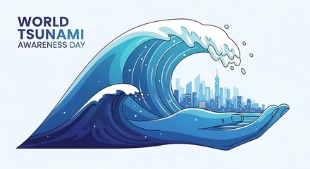 An urgent illustration of people fleeing a colossal ocean tsunami wave on a sandy beach, highlighting global natural disaster awareness and community safety