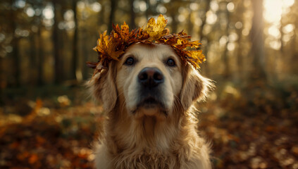 Adorable golden retriever dog wearing a crown of autumn leaves in a forest