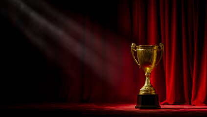 Golden trophy illuminated by dramatic spotlight on a stage with red velvet curtains