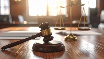 Symbolic depiction of legal justice, featuring gavel and scales on a wooden table